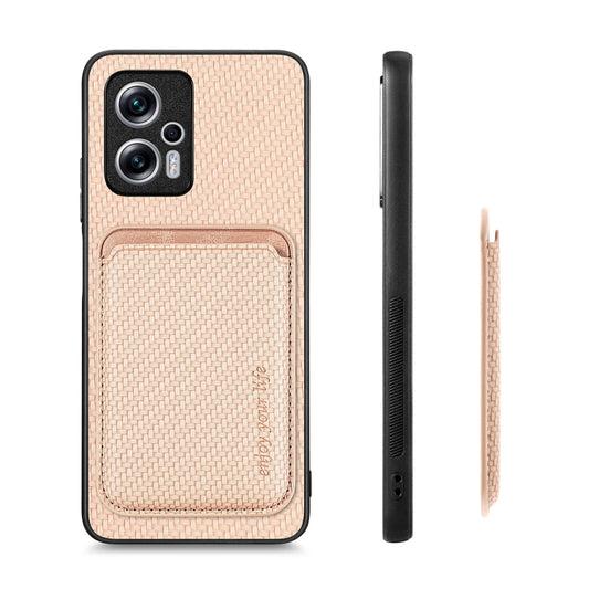 For Xiaomi Redmi Note 11T Pro 5G Carbon Fiber Leather Card Magnetic Phone Case(Khaki) by bashfashion