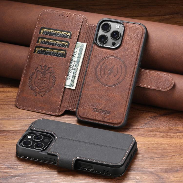 For iPhone 17 Pro Suteni Q05 2-in-1 Multi-function MagSafe Wallet Litchi Leather Phone Case(Brown) by Suteni