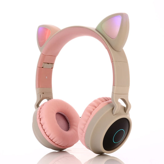 BT028C Cute Cat Ear Bluetooth 5.0 Headphones Foldable On-Ear Stereo Wireless Headset Headphone with Mic / LED Light / FM Radio / TF Card(Gray) by bashfashion