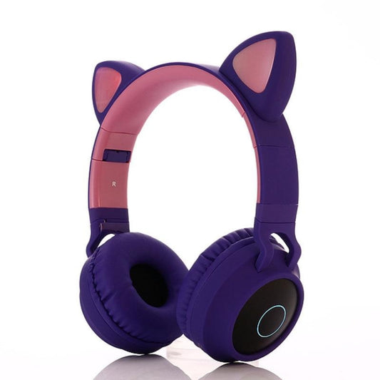 BT028C Cute Cat Ear Bluetooth 5.0 Headphones Foldable On-Ear Stereo Wireless Headset Headphone with Mic / LED Light / FM Radio / TF Card(Purple) by bashfashion