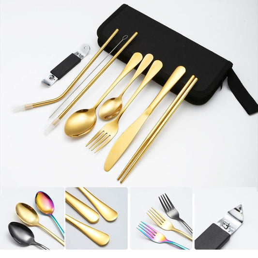 Portable Stainless Steel Cutlery Set Outdoor Picnic Knife And Fork Tool With Storage Bag, Style: A Model Gold by bashfashion