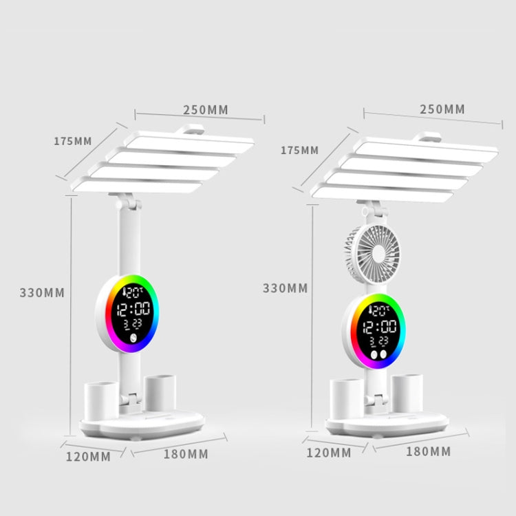 4 Heads Horizontal LED Eye-Care Table Lamp Children Study Desktop Reading Light With Pen Holder, Style: Fan Clock Rechargeable 3200mAh by bashfashion