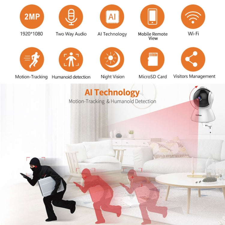 SriHome SH025 2.0 Million Pixels 1080P HD AI Auto-tracking IP Camera, Support Two Way Audio / Motion Tracking / Humanoid Detection / Night Vision / TF Card, AU Plug by SriHome