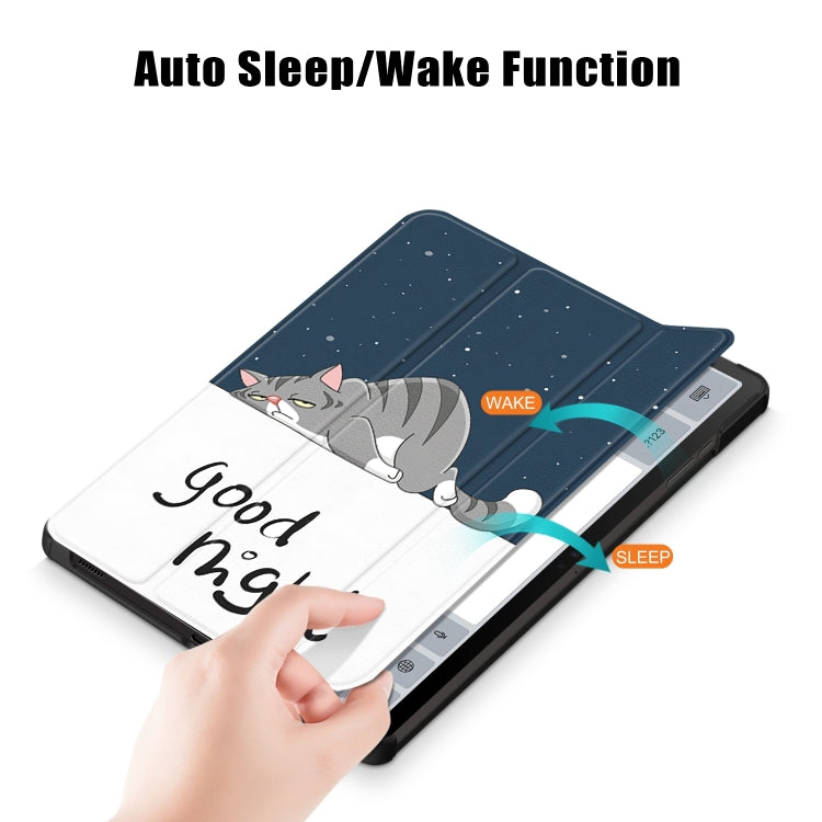 For Samsung Galaxy Tab S9+ Custer Painted 3-Fold Holder Smart Leather Tablet Case(Lazy Cat) by bashfashion