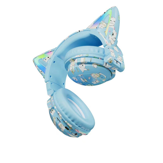 VJ371 Tuya RGB Cat Ear Wireless Bluetooth Earphone with Detachable Microphone(Graffiti Blue) by bashfashion