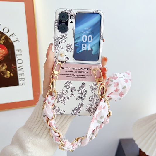 For OPPO Find N2 Flip Pearlescent Paint Painted PC Phone Case with DIY Scarf Bracelet(Sketch Flower) by bashfashion