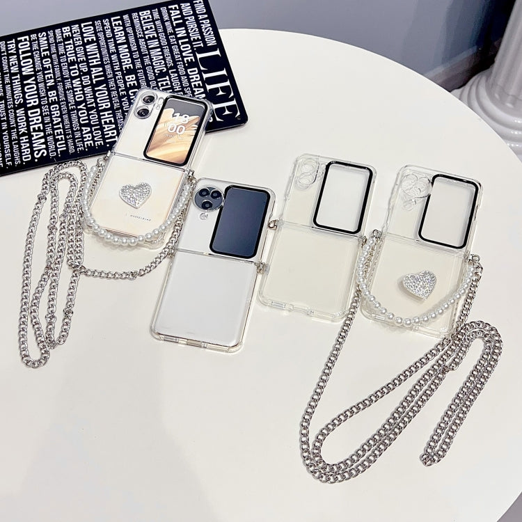 For OPPO Find N2 Flip TPU DIY Flash Diamond Love Hinge Buckle Phone Case with Long and Short Chain(Transparent) by bashfashion