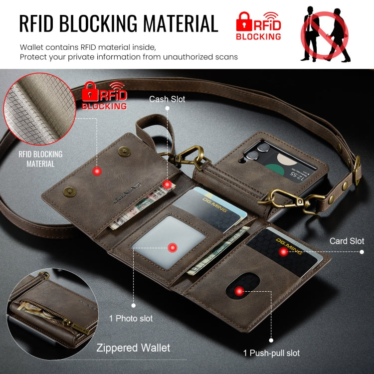 For Samsung Galaxy Z Flip4 5G DG.MING M5 Series Zip RFID Multi Card Detachable Leather Phone Case with Long Lanyard(Coffee) by DG.MING