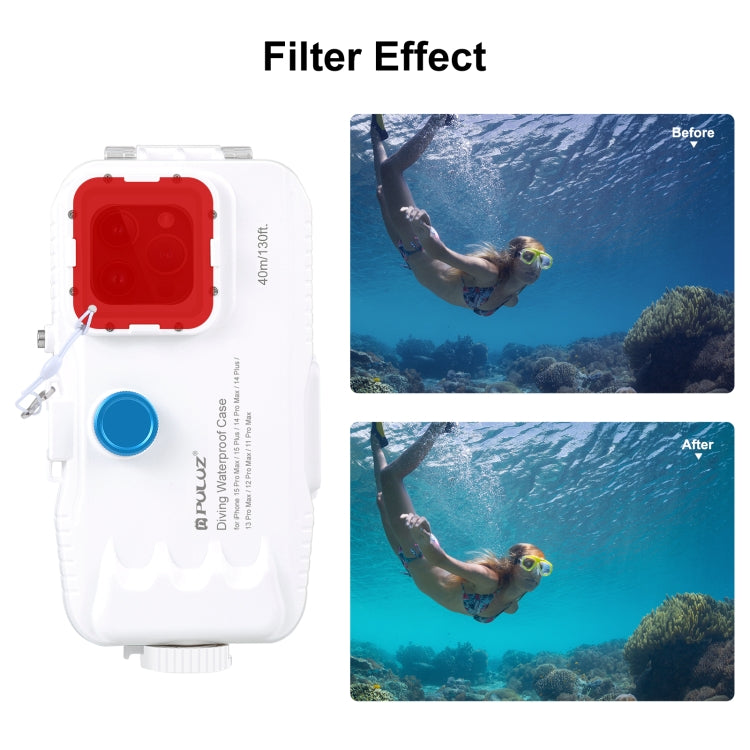 PULUZ 40m/130ft Waterproof Diving Case for iPhone 15 Pro Max / 15 Plus / 14 Plus / 14 Pro Max / 13 Pro Max / 12 Pro Max / 11 Pro Max, with One-way Valve Photo Video Taking Underwater Housing Cover(White) by PULUZ