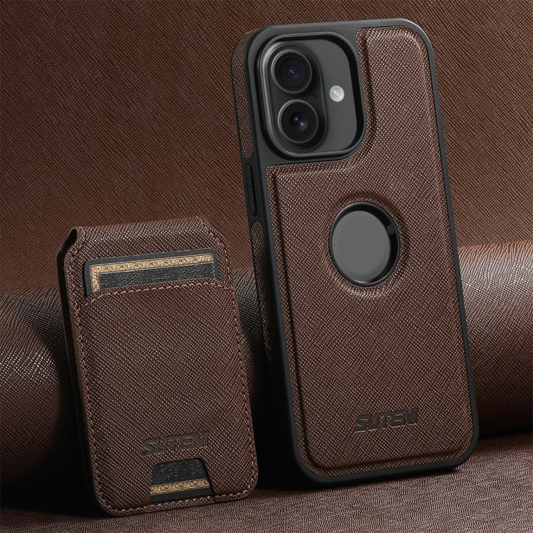For iPhone 16 Suteni M2 Cross-Grain MagSafe Vertical Card Back Phone Case(Brown) by Suteni
