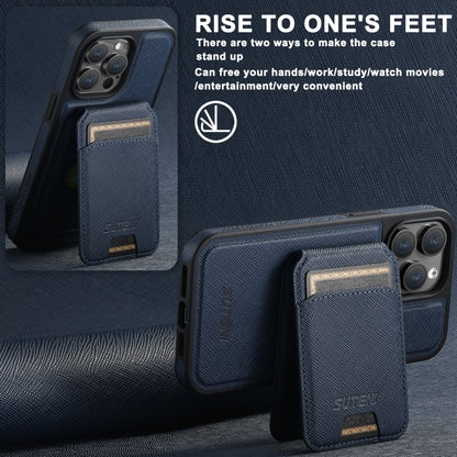 For iPhone 16 Suteni M2 Cross-Grain MagSafe Vertical Card Back Phone Case(Blue) by Suteni