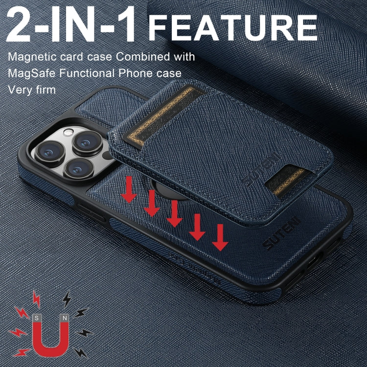 For iPhone 16 Suteni M2 Cross-Grain MagSafe Vertical Card Back Phone Case(Blue) by Suteni