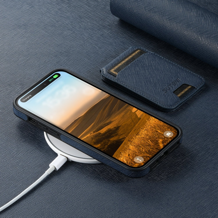 For iPhone 16 Suteni M2 Cross-Grain MagSafe Vertical Card Back Phone Case(Blue) by Suteni