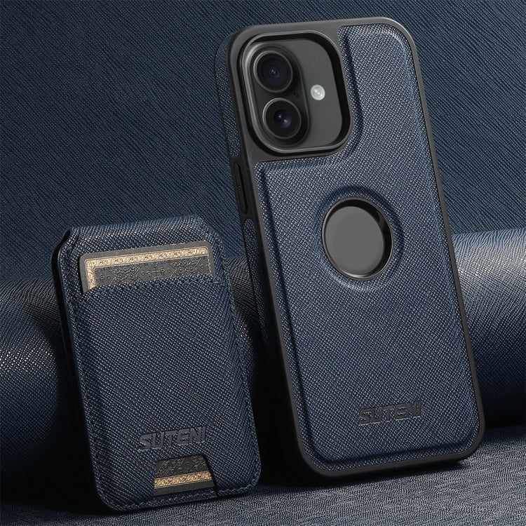 For iPhone 16 Suteni M2 Cross-Grain MagSafe Vertical Card Back Phone Case(Blue) by Suteni