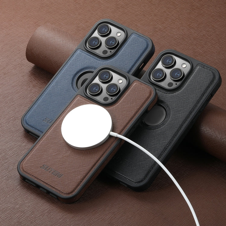 For iPhone 15 Plus Suteni G1 Cross Texture MagSafe Phone Case(Brown) by Suteni