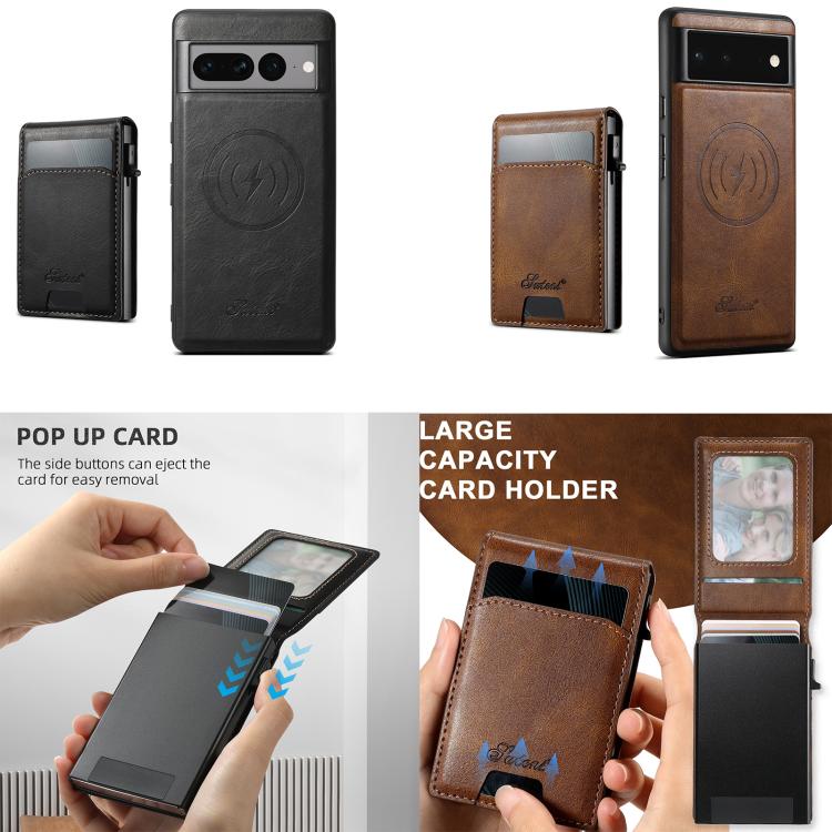 For Google Pixel 6a Suteni H19 Oil Wax 2-in-1 MagSafe Removable Card Box Back Phone Case(Black) by Suteni