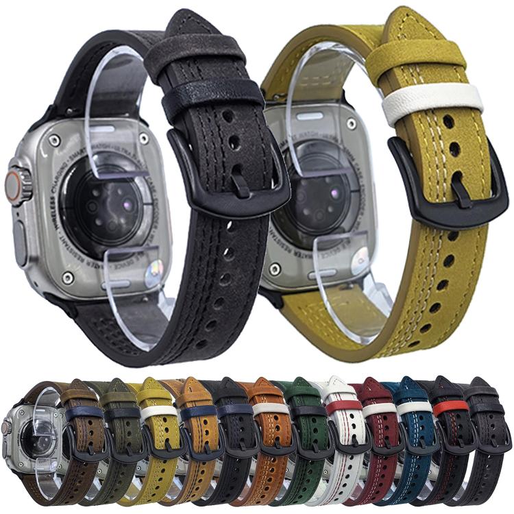 For Apple Watch 42mm / 41mm / 40mm / 38mm 7-Line Tri-Star Buckle Pull Up Leather Watch Band(Crazy Horse Green Black Thread) by bashfashion