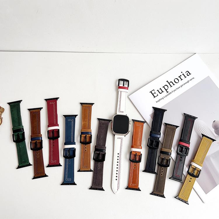 For Apple Watch 46mm / 49mm / 45mm / 44mm 7-Line Tri-Star Buckle Pull Up Leather Watch Band(Light Yellow White Thread) by bashfashion