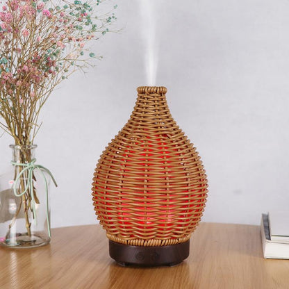 24V EU Plug 100ML Hollow Rattan Ultrasonic Humidifier & Aromatherapy Diffuser with 7-Color LED Lights(Dark Wood Grain) by bashfashion