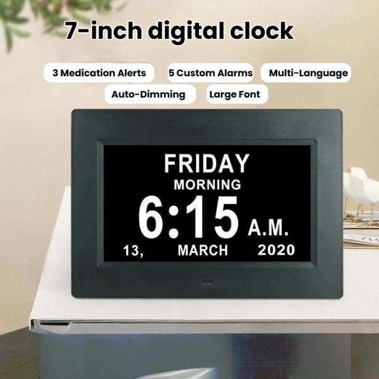 7-inch Digital Frame Calendar Day Clock With 3 Medication Alerts, 5 Custom Alarms, Multi-Language Support US Plug Black by bashfashion